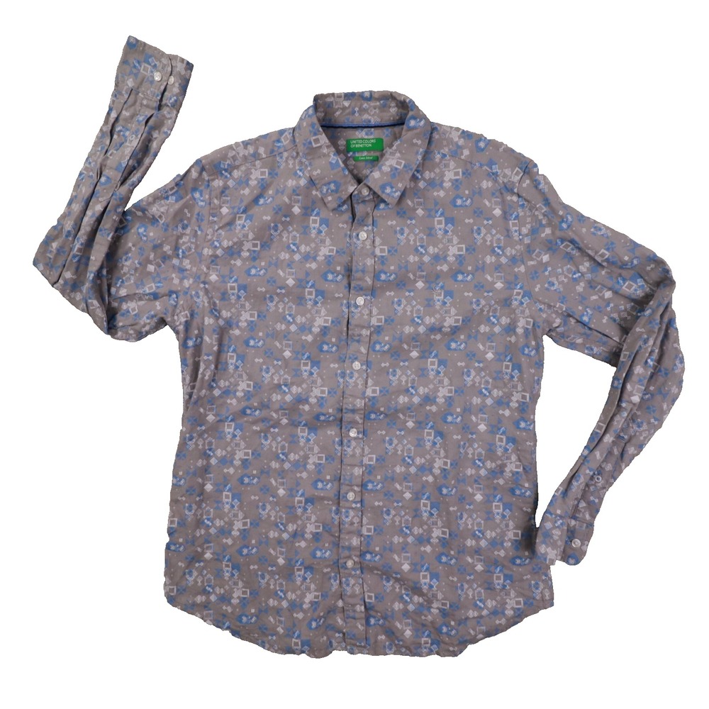 United Colors of Benetton Grey Linen Blend Long Sleeve Button Up Shirt Large Geo